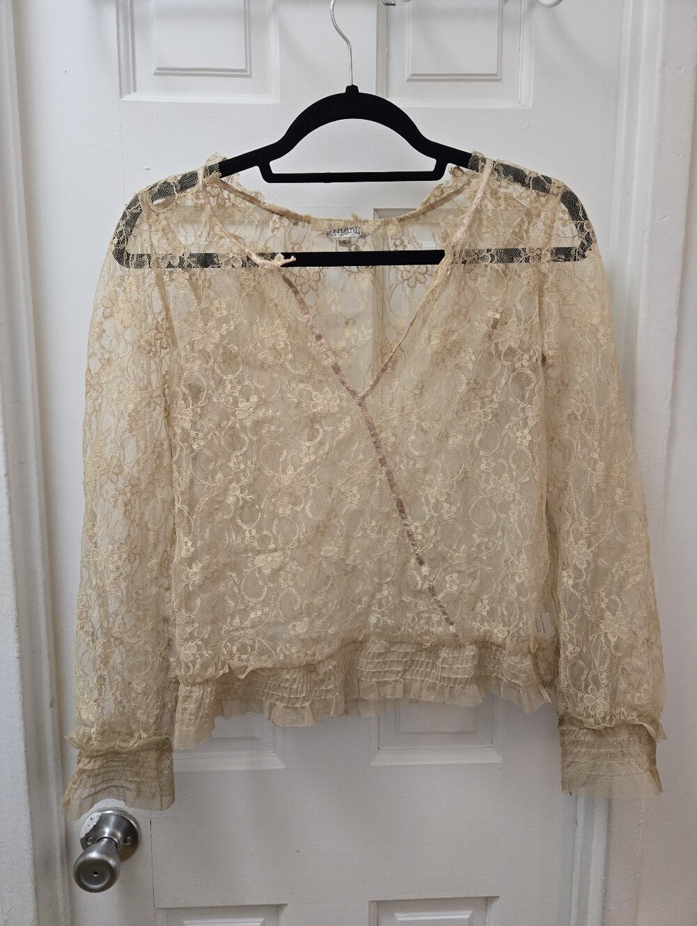 Vintage TRAMP Y2K Lace Long Sleeve Top Cream Tan Sheer Blouse 2000s Fairycore Sm
